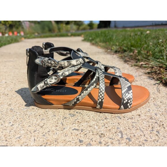 NWOT Nine West Caila Gladiator Sandals Womens 7.5 M Snake Animal Print Flats - Picture 3 of 11